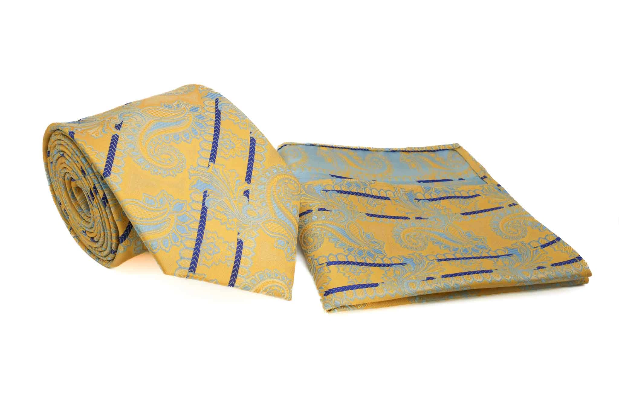 Geel Paisley en Blauwe Streep: Stijlvolle Heren Stropdas en Pochet Set – Klaar om te Stralen
